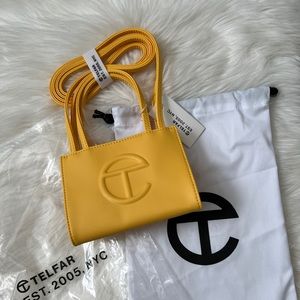 NWT Authentic Telfar Mini Shopping Bag Yellow Vegan Leather Crossbody In Hand